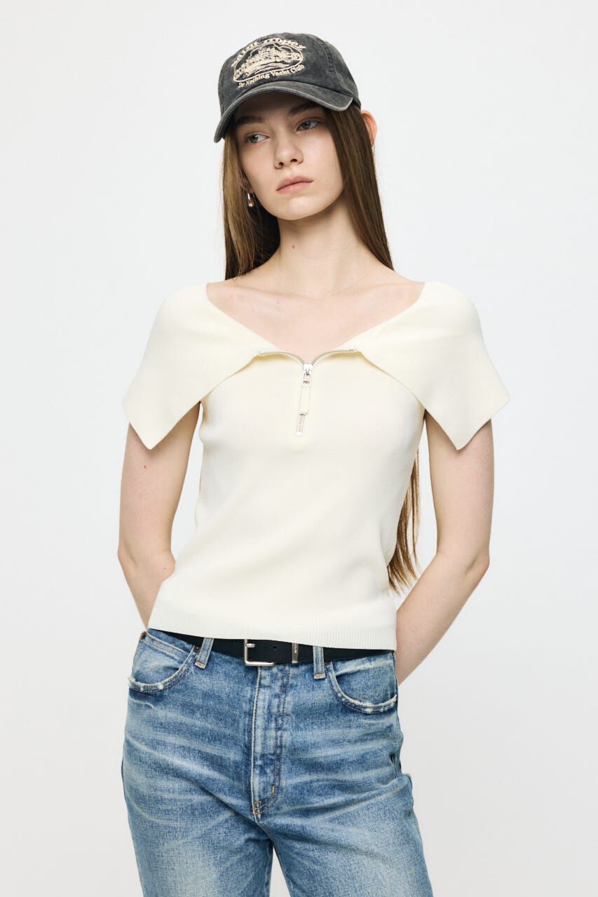 MOUSSY「OFF SHOULDER HALF ZIP ニットトップス」|ニット・セーター|ECRU