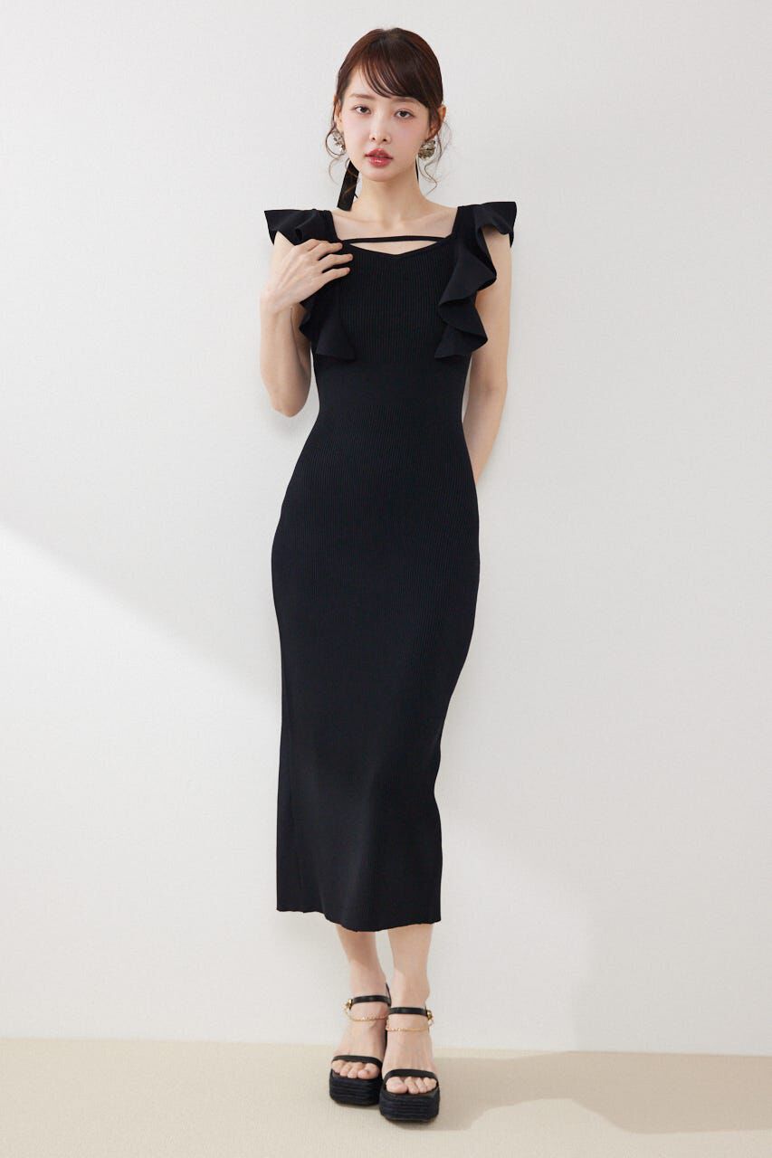 rienda「ショルダーフリルタイトニットワンピース」|ワンピース|BLK