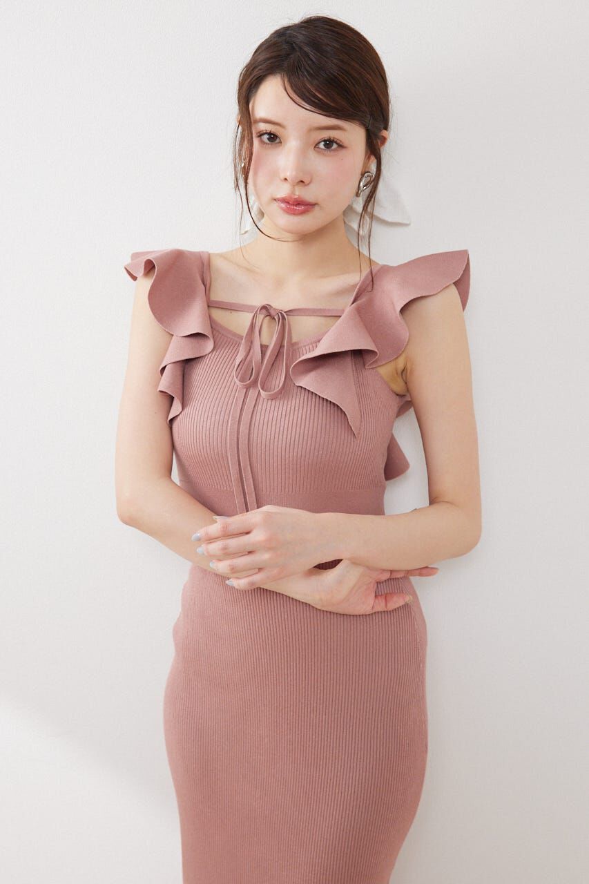 rienda「ショルダーフリルタイトニットワンピース」|ワンピース|