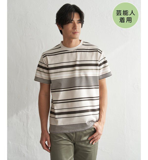 ikka「【MonoMax &times; 小泉孝太郎】冷感DRYポンチボーダーTシャツ「小泉孝太郎さん着用モデル」」|Tシャツ・カットソー|ベージュ