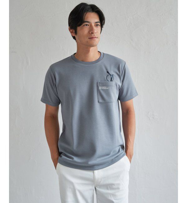 ikka「冷感ポンチメガネ刺繍ポケT」|Tシャツ・カットソー|サックスブルー