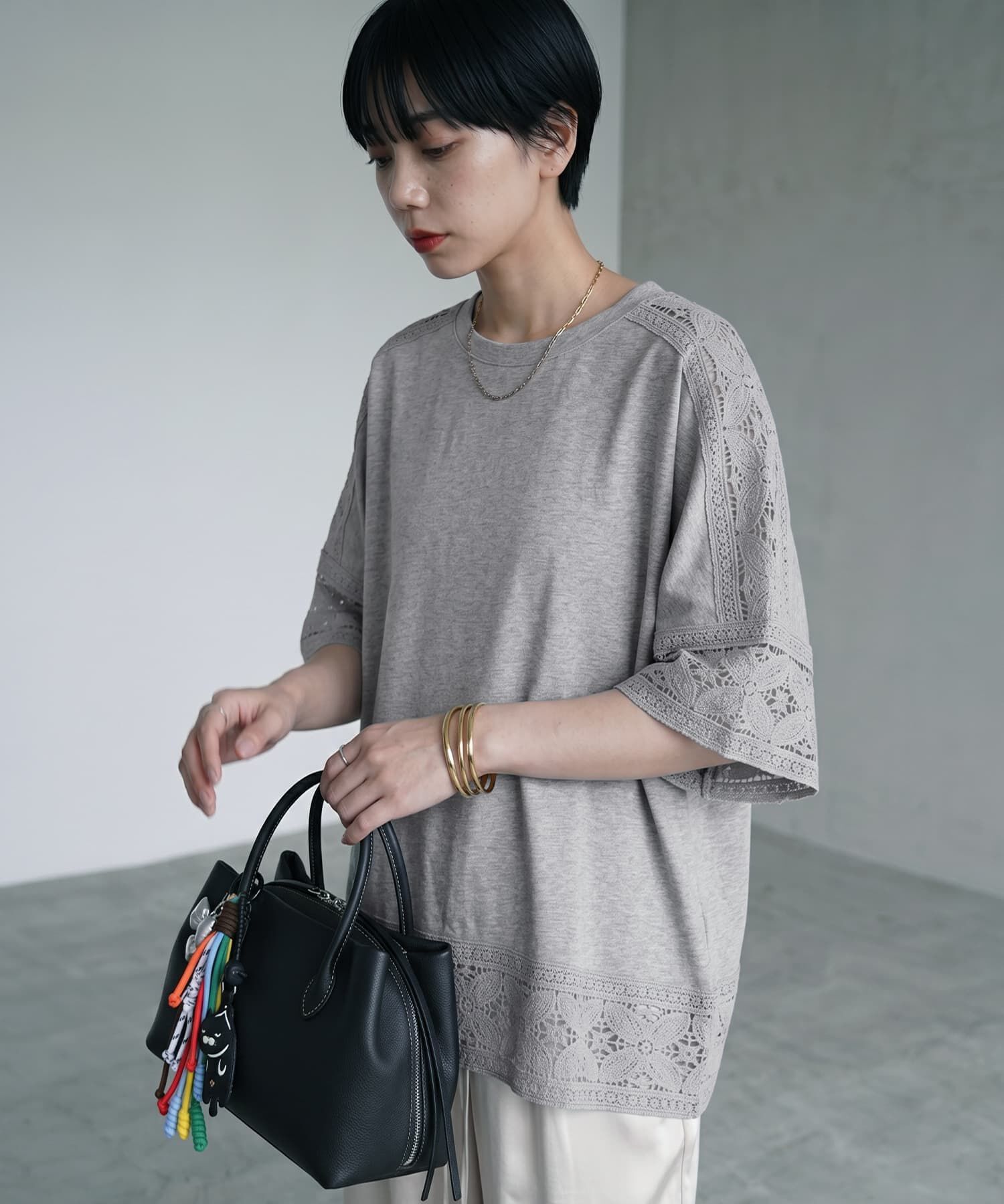STYLE DELI「【BLK001】レースパッチワークデザインTシャツ」|Tシャツ・カットソー|グレー