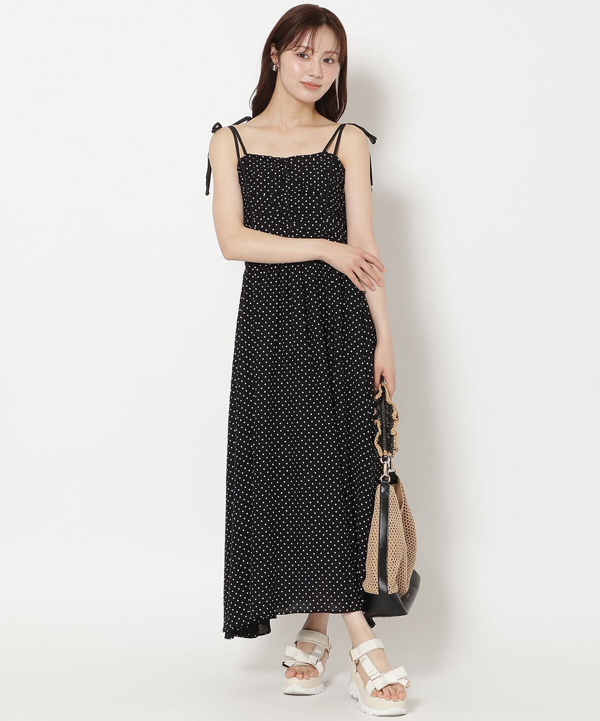 WILLSELECTION「リボンショルダーギャザーキャミワンピース」|ワンピース|黒系水玉