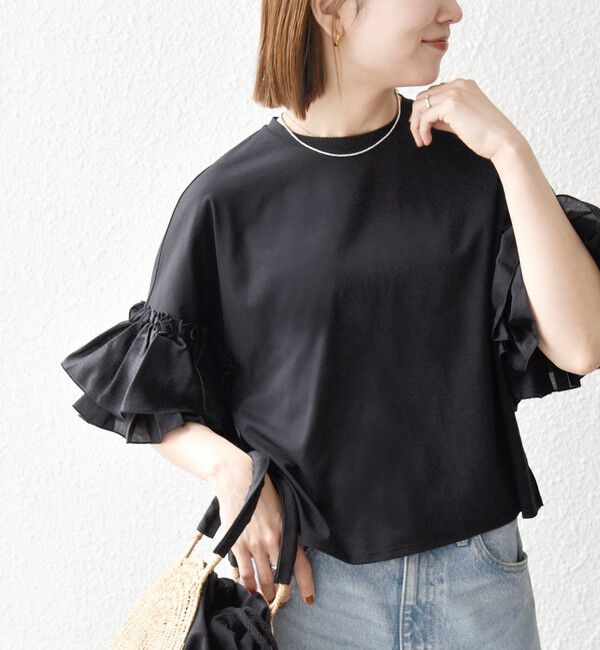 SHIPS any「SHIPS any:〈洗濯機可能〉フリル スリーブ クルーネック コンパクト TEE」|Tシャツ・カットソー|