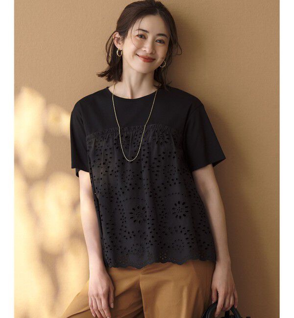 23区「カットワークエンブロイダリー スカラップヘム トップス」|Tシャツ・カットソー|ブラック系