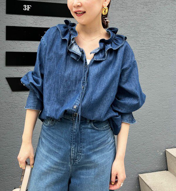 Rie Miller「【RM denim】フリルギャザーデニムブラウス」|シャツ・ブラウス|