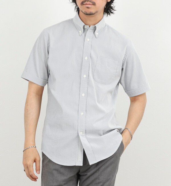 NOLLEY'S goodman「《ビジカジ対応》COOLMAX シアサッカーテープBD SS 半袖ボタンダウンシャツ 26SS」|シャツ・ブラウス|ブルー系その他
