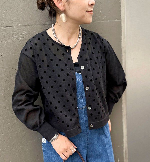 NOLLEY'S「《手洗い可能》フロッキードットプリントクルーネックカーディガン」|カーディガン|ブラック