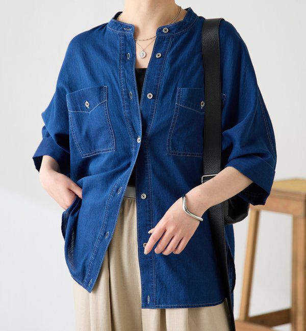  「【涼しいデニムシャツ/体型カバー】Q.anos ドルマンシアーデニムシャツ」|シャツ・ブラウス|