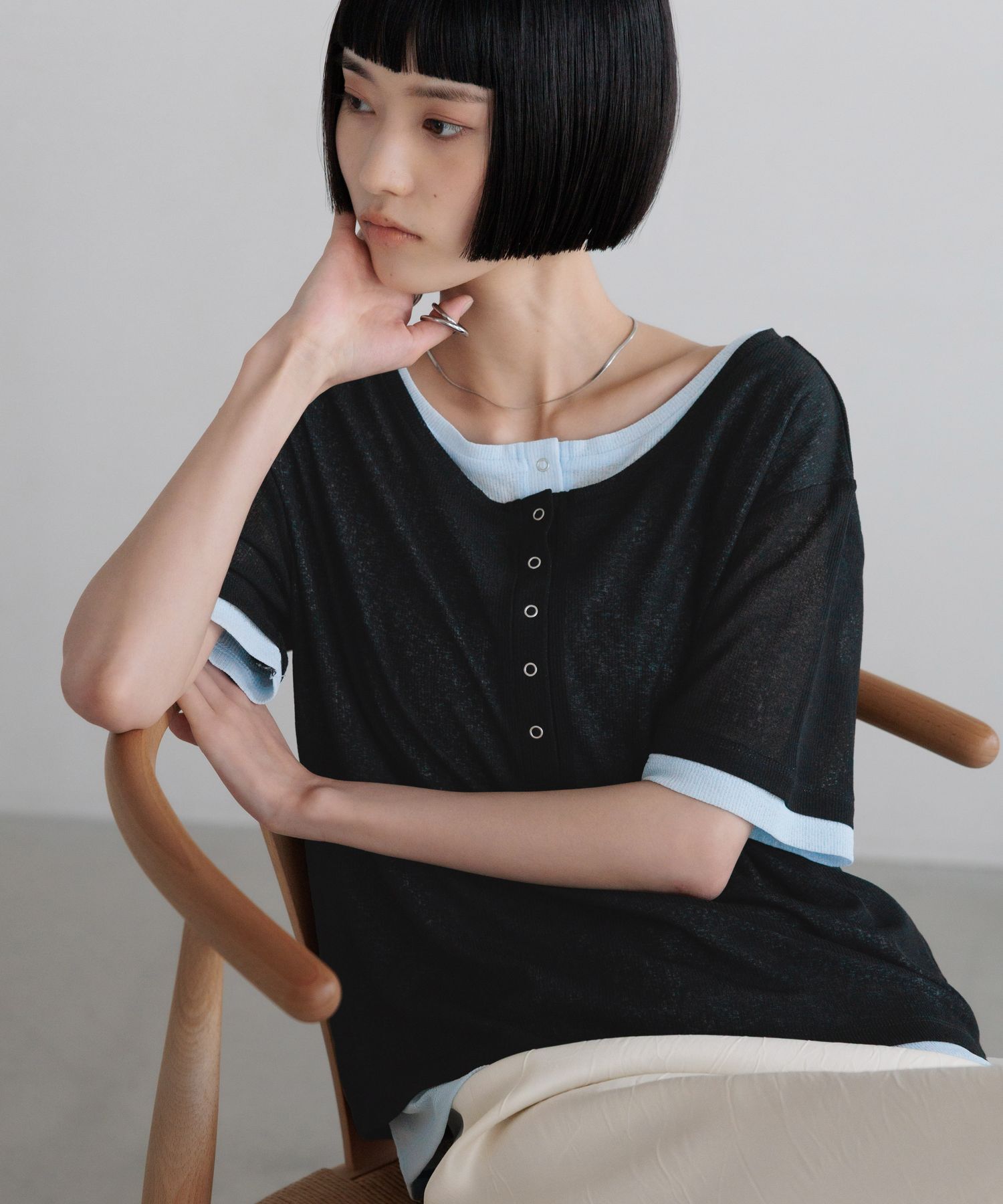LOWRYS FARM「レイヤードヘンリーSS」|Tシャツ・カットソー|ﾌﾞﾗｯｸ&times;ﾌﾞﾙｰ
