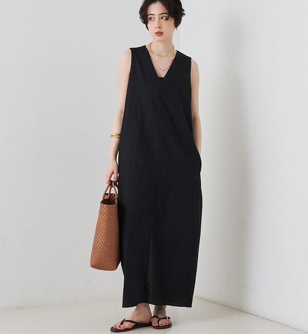 Rouge vif「【2サイズ展開】【定番人気】麻混ノースリーブVネックワンピース/ポケット付き/コ」|ワンピース|ブラック