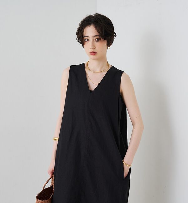 Rouge vif「【2サイズ展開】【定番人気】麻混ノースリーブVネックワンピース/ポケット付き/コ」|ワンピース|