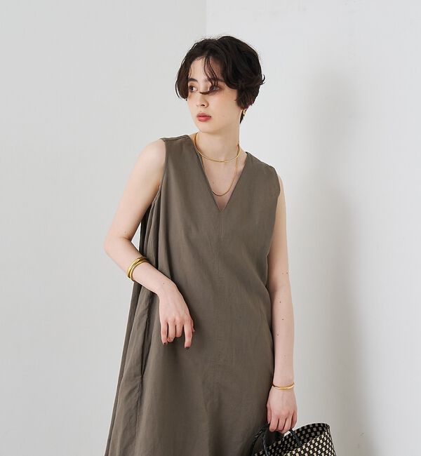 Rouge vif「【2サイズ展開】【定番人気】麻混ノースリーブVネックワンピース/ポケット付き/コ」|ワンピース|