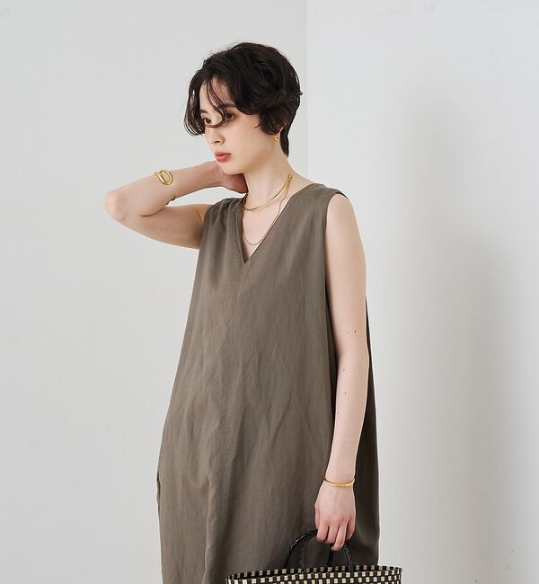 Rouge vif「【2サイズ展開】【定番人気】麻混ノースリーブVネックワンピース/ポケット付き/コ」|ワンピース|