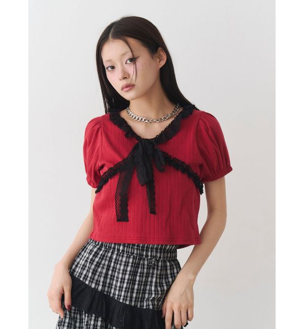 jouetie「レースドッキングパフスリトップス」|Tシャツ・カットソー|レッド