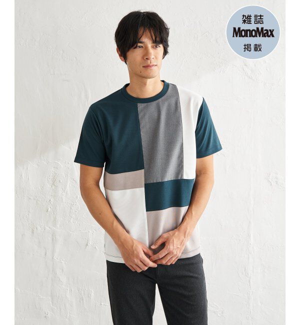 ikka「【雑誌MonoMax5月号掲載】ブロックス冷感切り替えTシャツ「小泉孝太郎さん着用モデル」」|Tシャツ・カットソー|グリーン