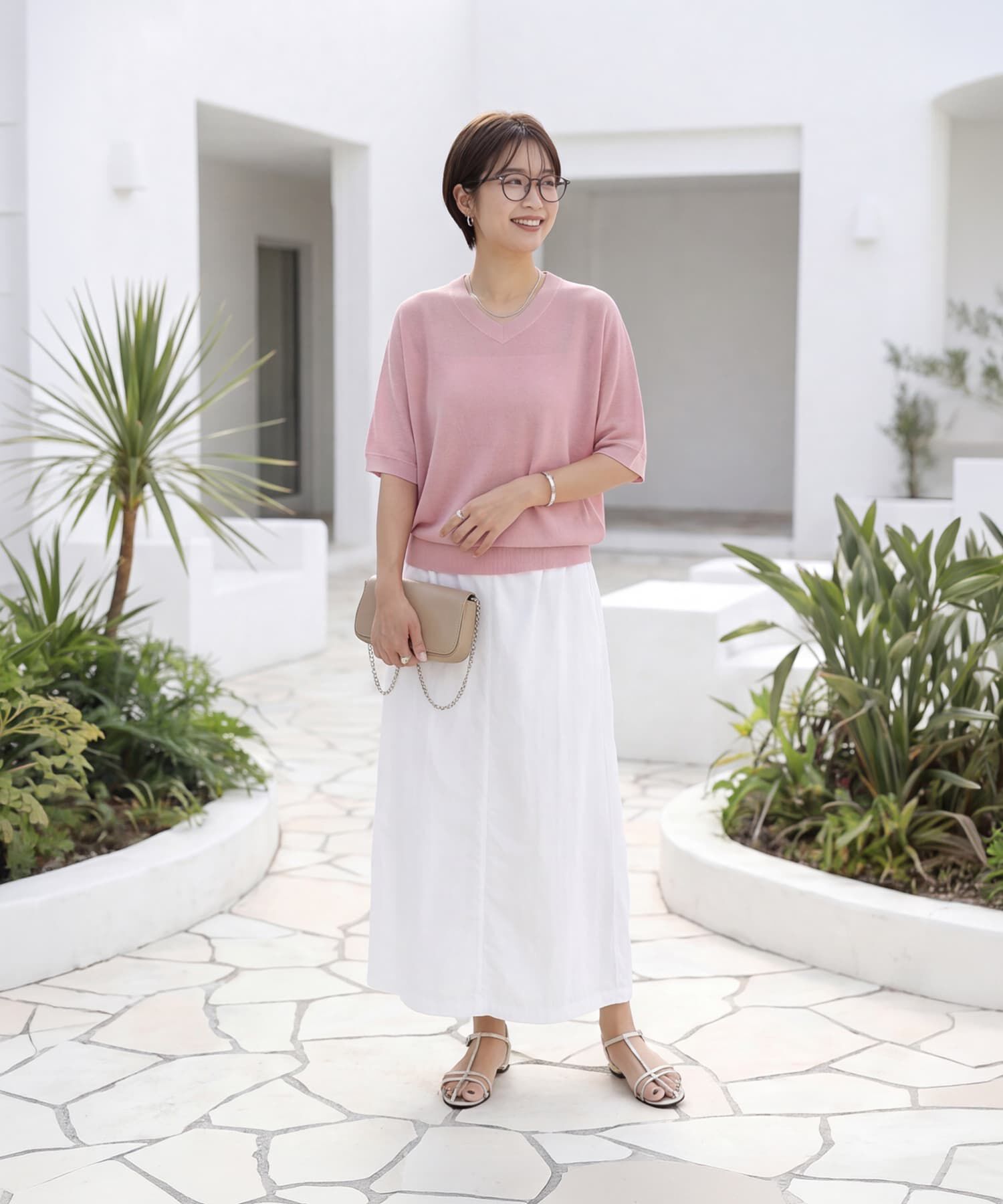 STYLE DELI「シャリ感Vネック微シアーニットトップス」|Tシャツ・カットソー|