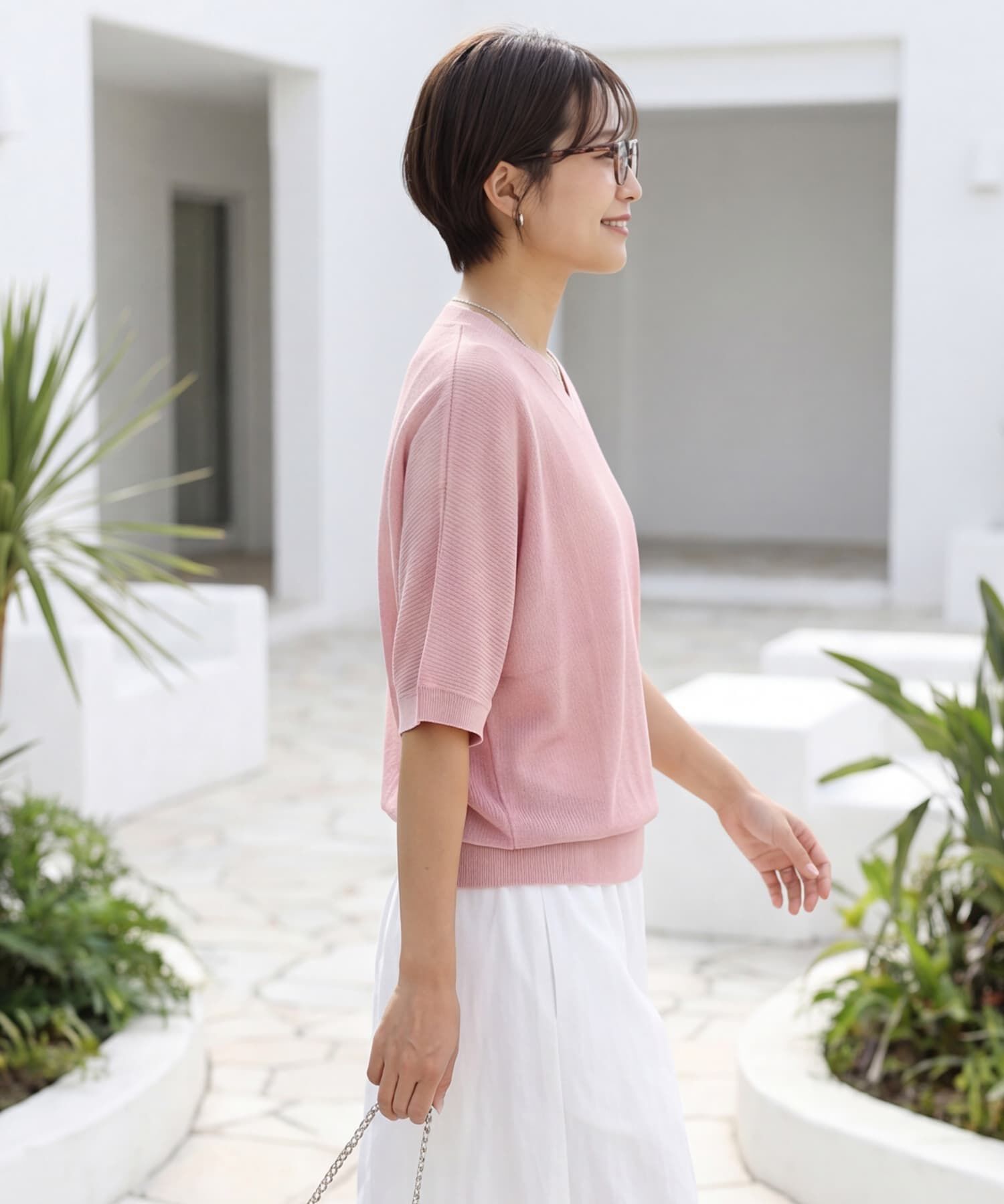 STYLE DELI「シャリ感Vネック微シアーニットトップス」|Tシャツ・カットソー|