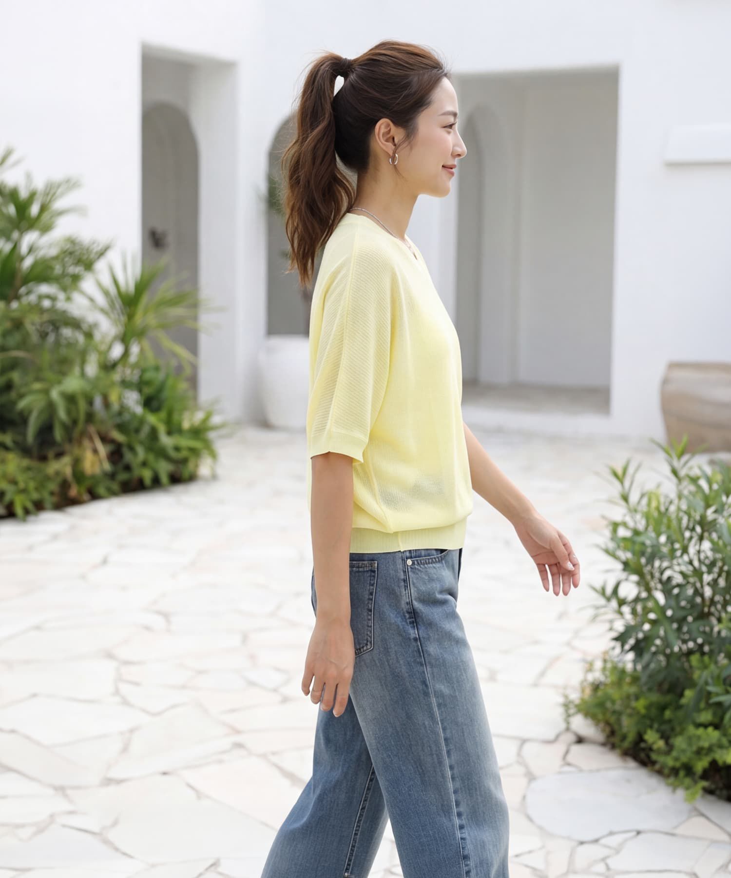 STYLE DELI「シャリ感Vネック微シアーニットトップス」|Tシャツ・カットソー|