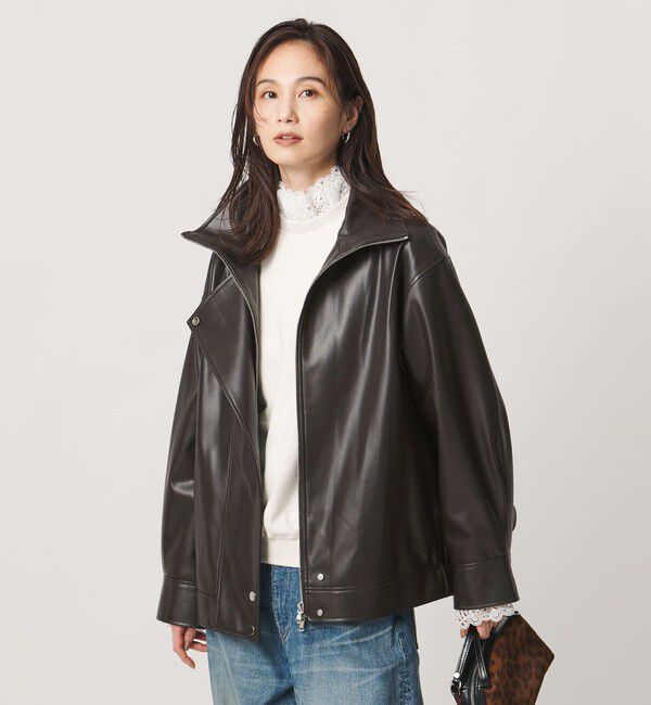 UNITED ARROWS「スタンドカラー レザーライク ブルゾン」|ブルゾン・スタジャン|DK.BROWN