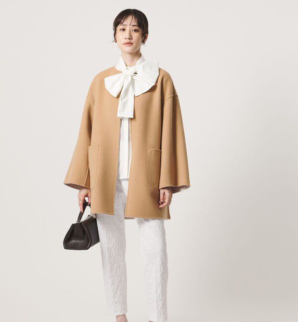 UNITED ARROWS「バイカラー リバー ミドルコート」|ノーカラーコート|