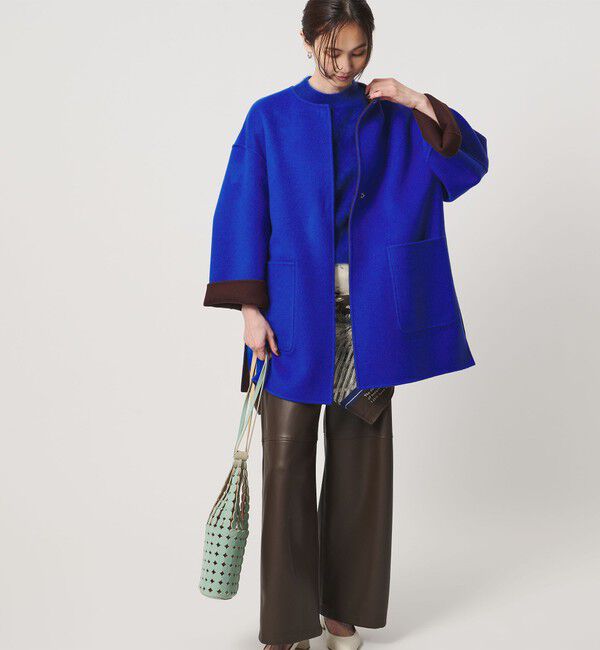 UNITED ARROWS「バイカラー リバー ミドルコート」|ノーカラーコート|