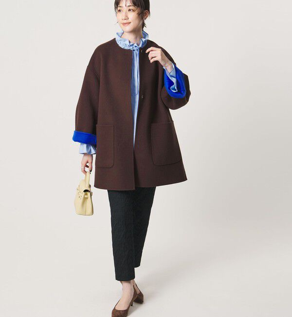 UNITED ARROWS「バイカラー リバー ミドルコート」|ノーカラーコート|