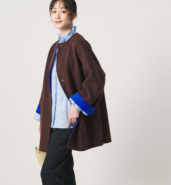 UNITED ARROWS「バイカラー リバー ミドルコート」|ノーカラーコート|