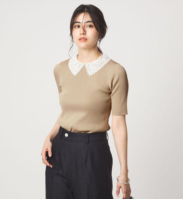 UNITED ARROWS green label relaxing「リブ エリレース 2WAY 5分袖 ニット プルオーバー」|ニット・セーター|