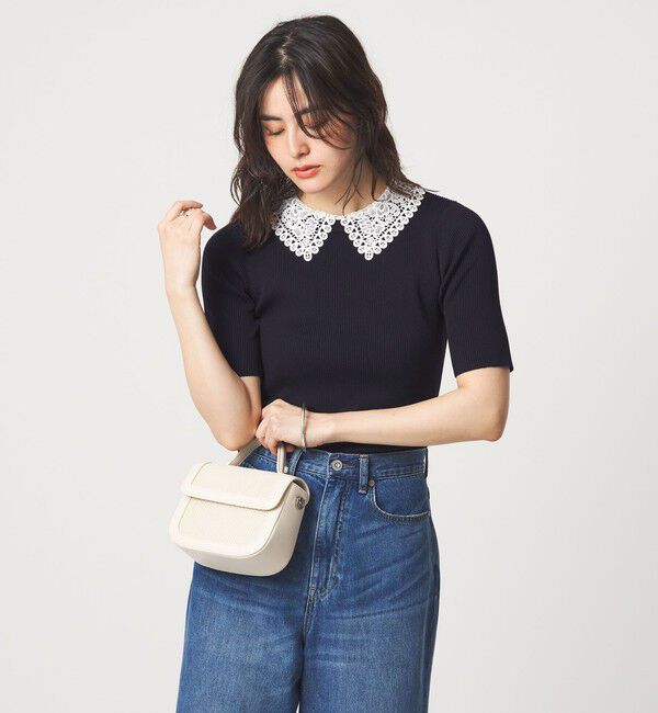 UNITED ARROWS green label relaxing「リブ エリレース 2WAY 5分袖 ニット プルオーバー」|ニット・セーター|NAVY