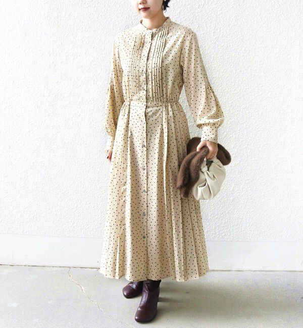 SHIPS for women「《一部追加予約》〈手洗い可能〉ドット / 花柄 バンドカラー サイド プリーツ ワンピース」|ワンピース|
