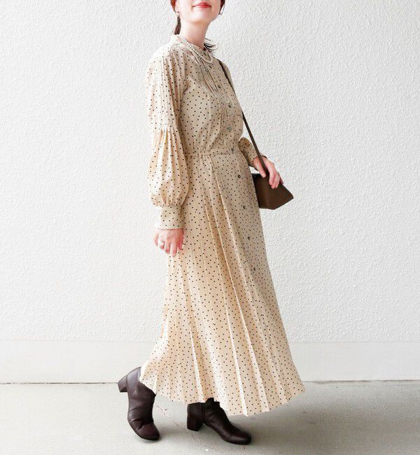 SHIPS for women「《一部追加予約》〈手洗い可能〉ドット / 花柄 バンドカラー サイド プリーツ ワンピース」|ワンピース|
