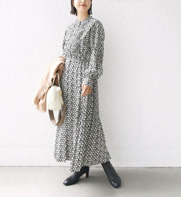 SHIPS for women「《一部追加予約》〈手洗い可能〉ドット / 花柄 バンドカラー サイド プリーツ ワンピース」|ワンピース|