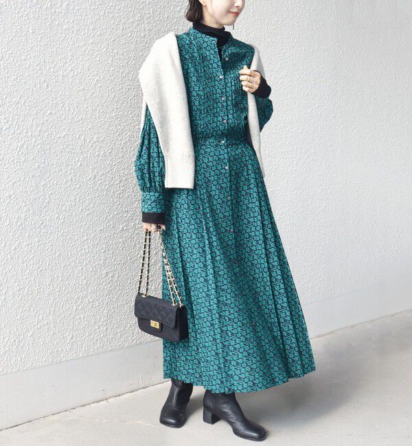 SHIPS for women「《一部追加予約》〈手洗い可能〉ドット / 花柄 バンドカラー サイド プリーツ ワンピース」|ワンピース|