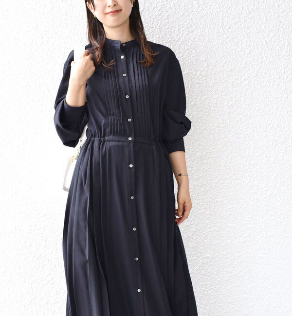 SHIPS for women「《一部追加予約》〈手洗い可能〉ドット / 花柄 バンドカラー サイド プリーツ ワンピース」|ワンピース|