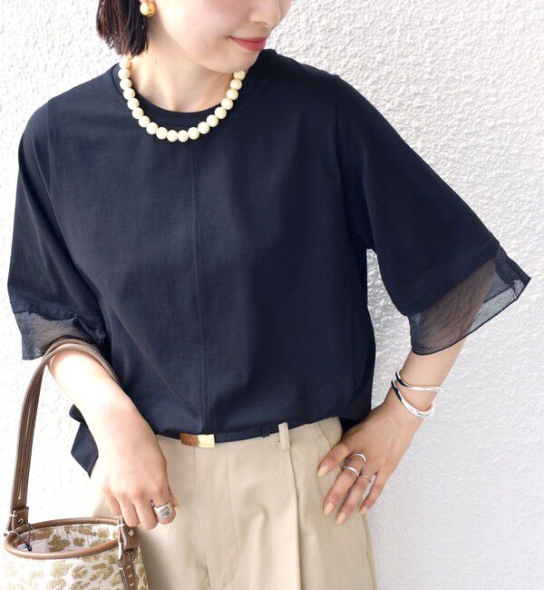 SHIPS for women「【WEB限定】〈接触冷感 / UVカット〉シアー オーガンジー コンビ プルオーバー」|Tシャツ・カットソー|ブラック