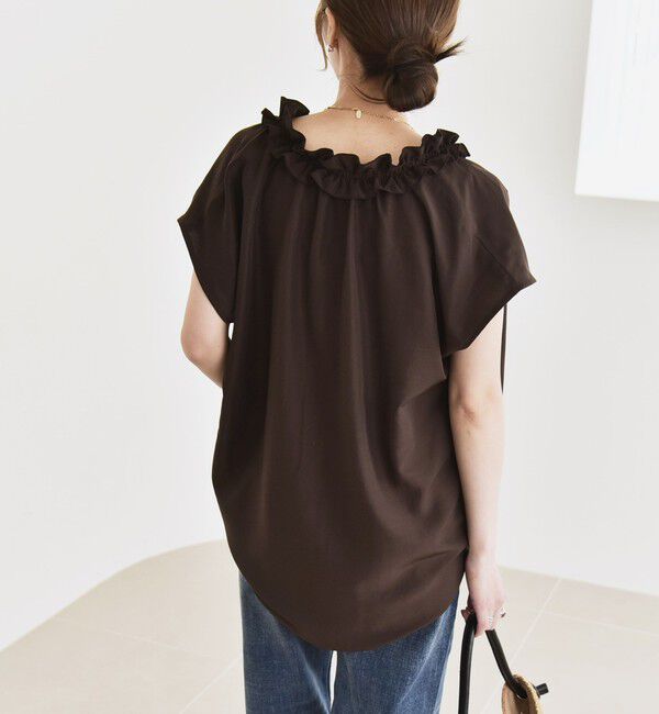quaranciel「《一部追加予約》quaranciel:〈洗濯機可能〉フリルカラー リボン フレンチスリーブ ブラウス」|シャツ・ブラウス|