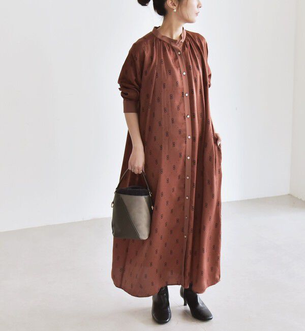 quaranciel「quaranciel:〈手洗い可能〉モノグラム ドット ロング シャツ ワンピース」|ワンピース|ブラウン