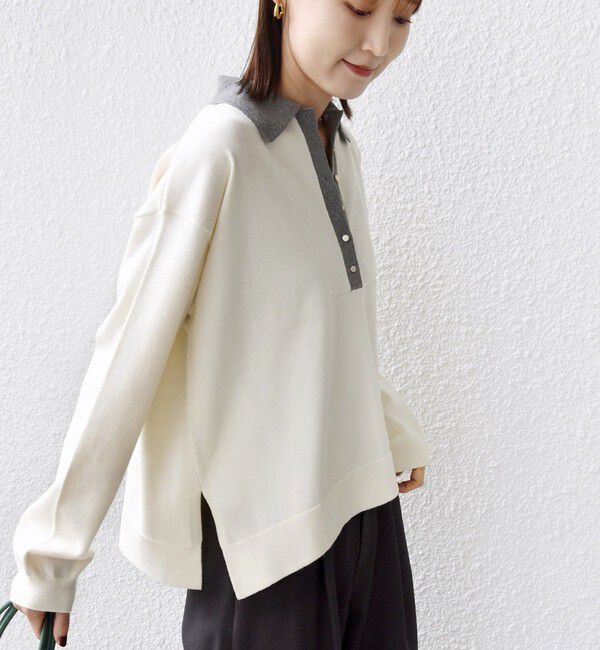 SHIPS for women「《一部追加予約》【WEB限定】〈手洗い可能〉サイド スリット ゴールド 釦 ポロ ニット」|ニット・セーター|