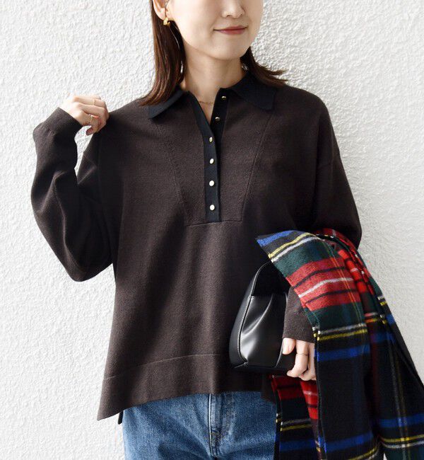 SHIPS for women「《一部追加予約》【WEB限定】〈手洗い可能〉サイド スリット ゴールド 釦 ポロ ニット」|ニット・セーター|