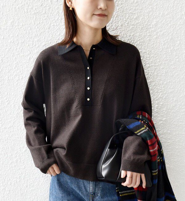 SHIPS for women「《一部追加予約》【WEB限定】〈手洗い可能〉サイド スリット ゴールド 釦 ポロ ニット」|ニット・セーター|