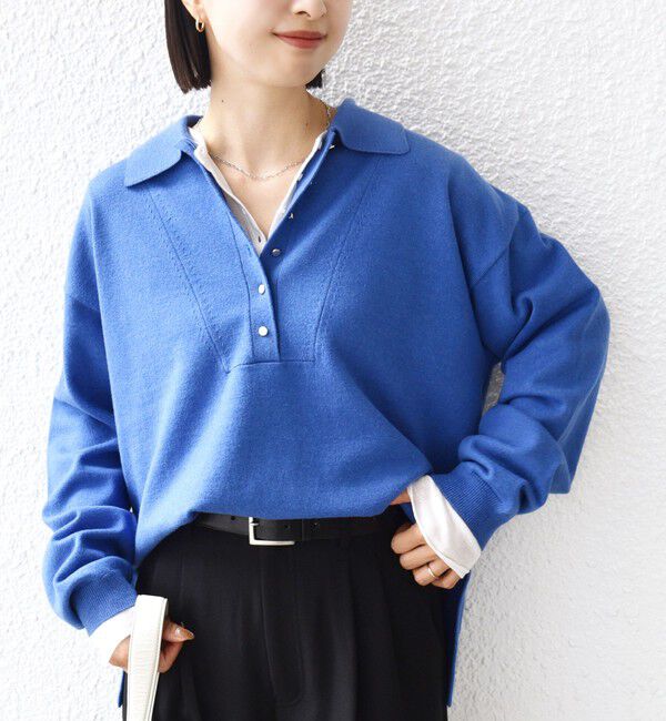 SHIPS for women「《一部追加予約》【WEB限定】〈手洗い可能〉サイド スリット ゴールド 釦 ポロ ニット」|ニット・セーター|