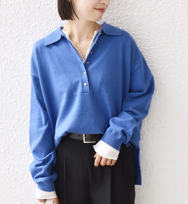 SHIPS for women「《一部追加予約》【WEB限定】〈手洗い可能〉サイド スリット ゴールド 釦 ポロ ニット」|ニット・セーター|