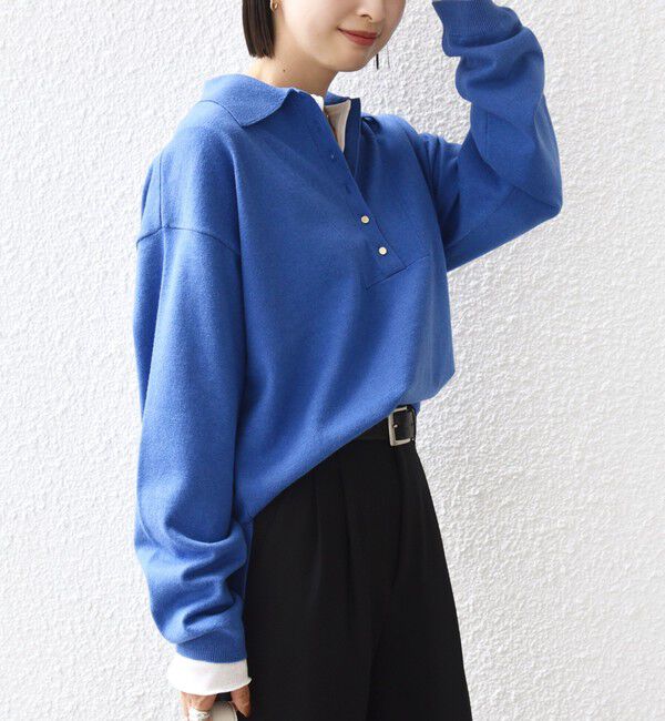 SHIPS for women「《一部追加予約》【WEB限定】〈手洗い可能〉サイド スリット ゴールド 釦 ポロ ニット」|ニット・セーター|
