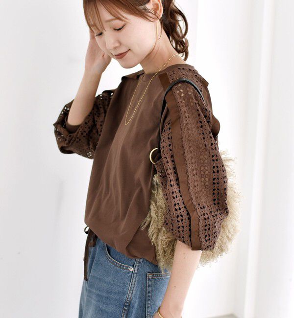 SHIPS for women「《追加予約》【WEB限定】〈手洗い可能〉レース コンビ カットソー」|Tシャツ・カットソー|ブラウン