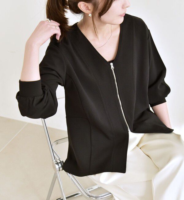 quaranciel「quaranciel:〈洗濯機可能〉カットジョーゼット Vネック ジップ カーディガン」|カーディガン|