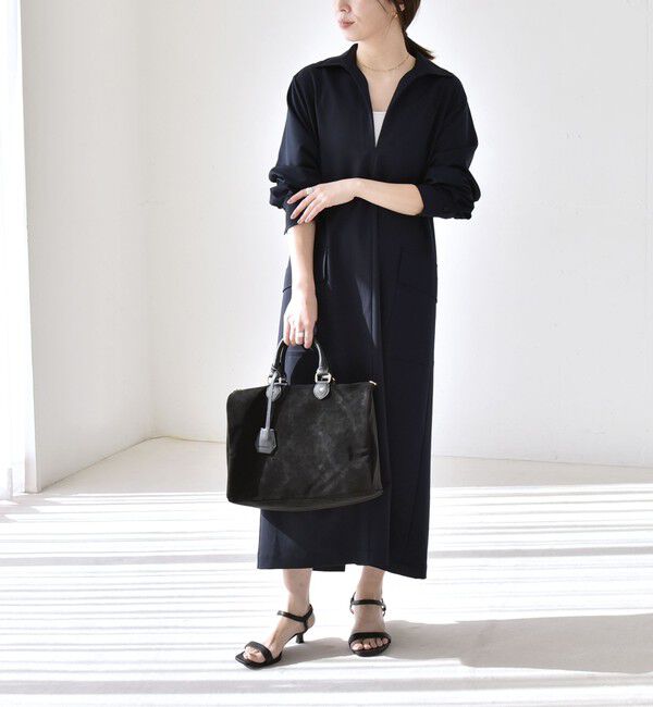 quaranciel「quaranciel:〈洗濯機可能〉Vネック スキッパー ロング シャツ ワンピース」|ワンピース|ネイビー
