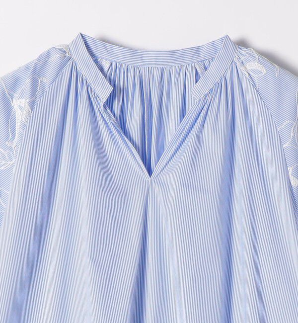quaranciel「quaranciel:〈洗濯機可能〉ストライプ フラワー刺繍 スキッパー シャツ ワンピース」|ワンピース|