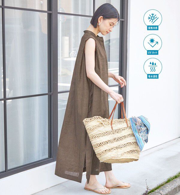 SHIPS for women「〈接触冷感/UVカット/吸水速乾/洗濯機可能〉SUUSUU タック スリーブ ワンピース」|ワンピース|ブラウン