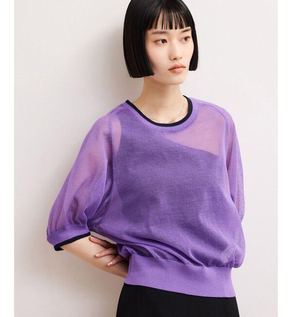 ADAM ET ROPE'「【WEB限定】リネンmixバイカラーシアーニットTシャツ」|Tシャツ・カットソー|パープル系(51)